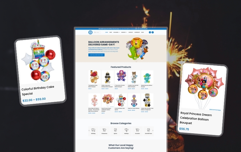 Ecommerce SEO case study showing Balloon Right Now website growth with optimized product pages and featured products layout
