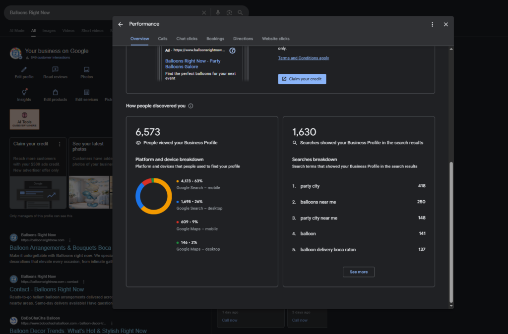 Google Business Profile performance dashboard showing views, searches, and traffic sources.