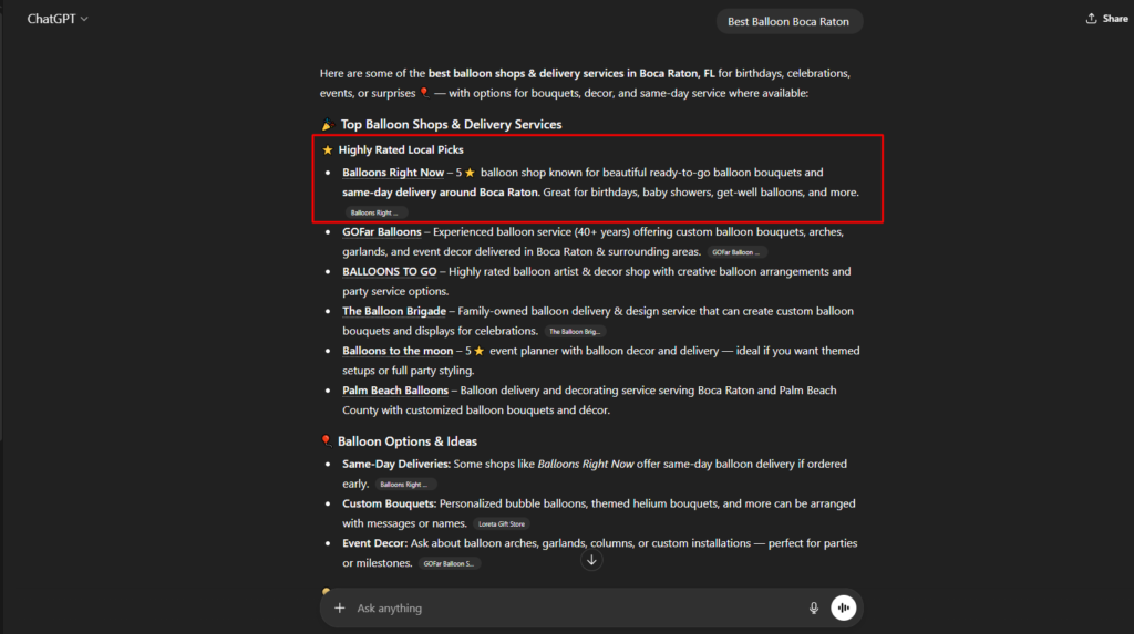 ChatGPT search result showing top balloon shops in Boca Raton with Balloon Right Now highlighted.