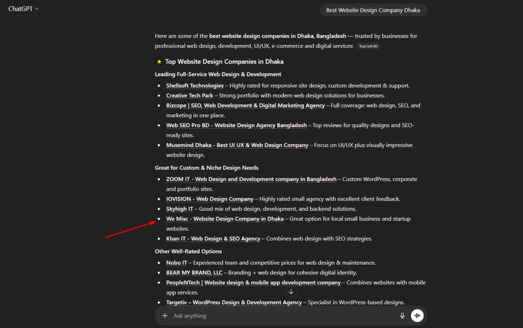 ChatGPT results for best website design company in Dhaka listing We Misc as a top-rated web design agency for small businesses and startups in Bangladesh.
