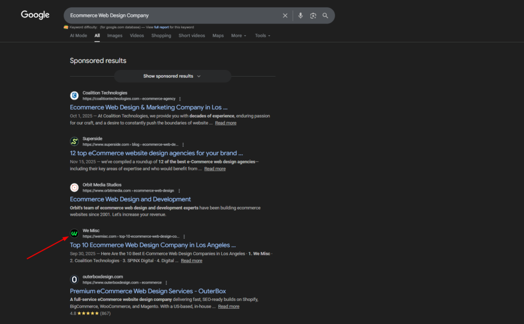 Google search results showing We Misc listed for ecommerce web design company after SEO optimization.