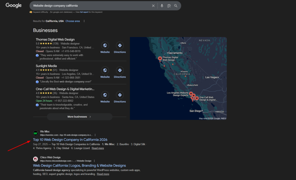 Google search results for website design company California showing We Misc ranking organically with local map results.