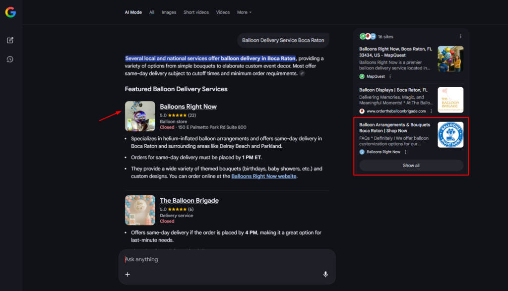 Google AI Mode results showing Balloon Right Now as a featured balloon delivery service in Boca Raton.
