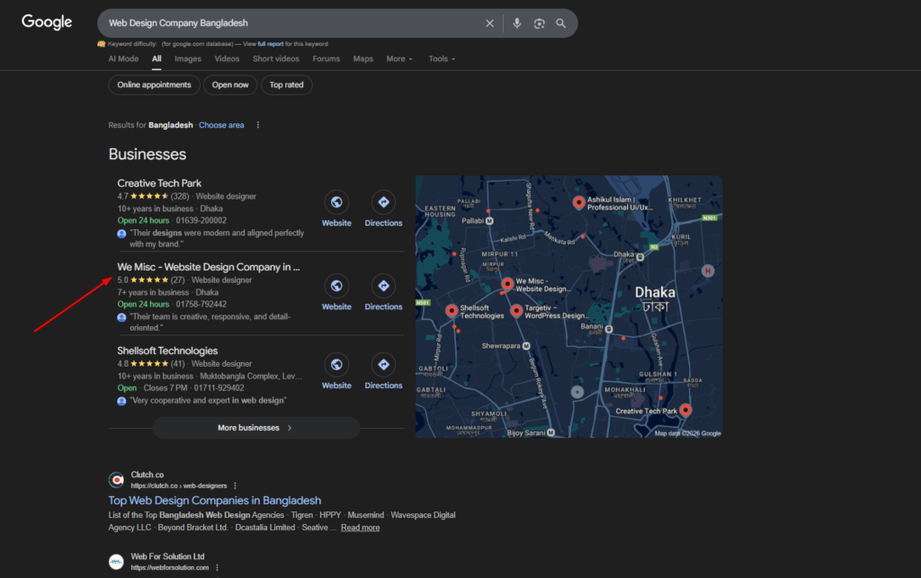 Google Business Profile results for web design companies in Bangladesh, showing We Misc listed prominently on Google Maps with reviews, location in Dhaka, and website design services.