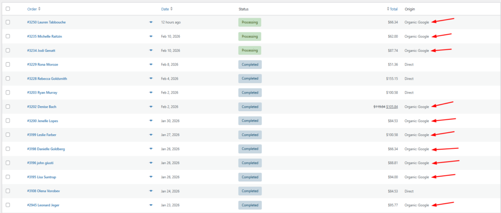 Order dashboard showing completed business orders generated from organic Google search.