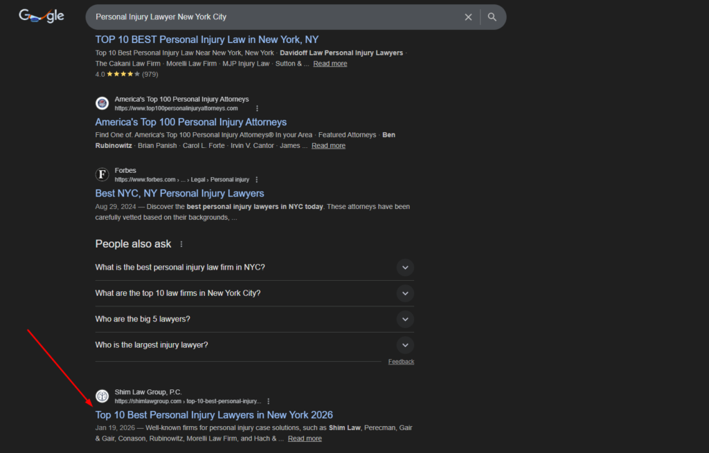 Google search results showing Shim Law Group ranking for personal injury lawyer in New York City