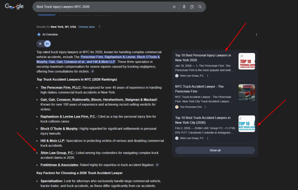 Google AI Overview results showing Shim Law Group listed among best truck injury lawyers in NYC 2026