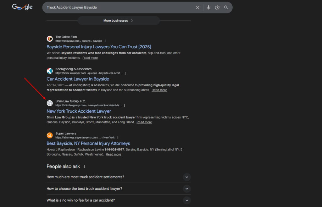 Google search results showing Shim Law Group ranking for Truck Accident Lawyer in Bayside, New York