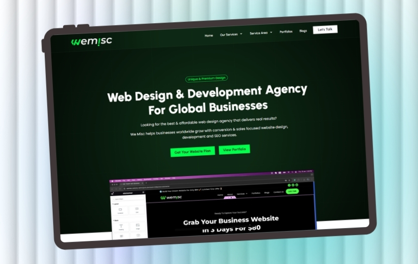 SEO case study showcasing We Misc website design across desktop, tablet, and mobile devices.